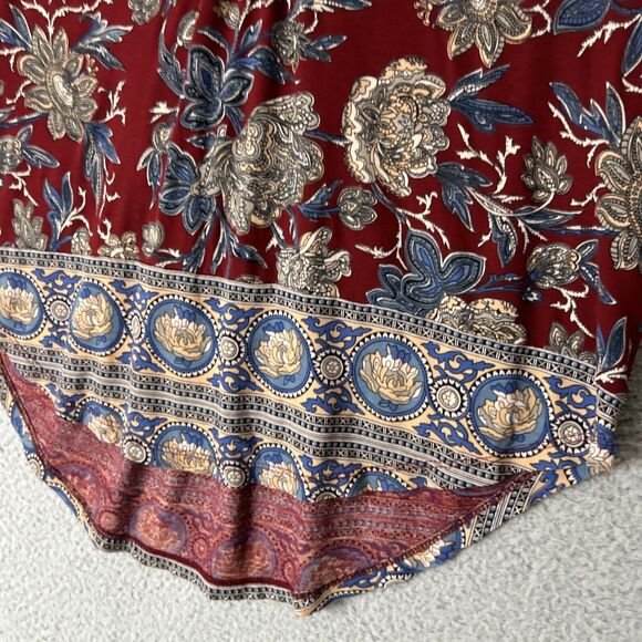 LUCKY BRAND Floral Boho Top Womens Medium Red High Low V Neck Popover Dark Fall - Picture 4 of 12